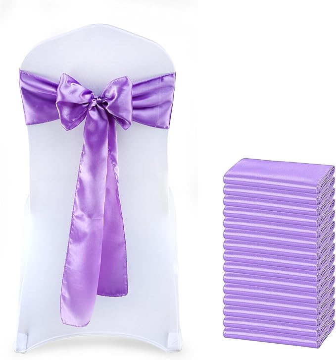 MDS Satin Chair Sashes, 100 Pack, 7”x108” Each, Decorative Chair Bows Ribbon Tie Backs for Wedding Party, Holiday Dinner, Birthday, Reception, Banquet, Hotel & Event Decoration - Lavender
