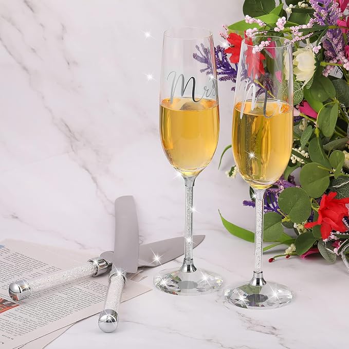 Wedding Cake Knife and Server Set, Mr and Mrs Champagne Flutes, Bride and Groom Champagne Glasses and Wedding Cake Cutting Set for Valentines, Wedding, Engagement, Bridal Shower Gifts (Silver)