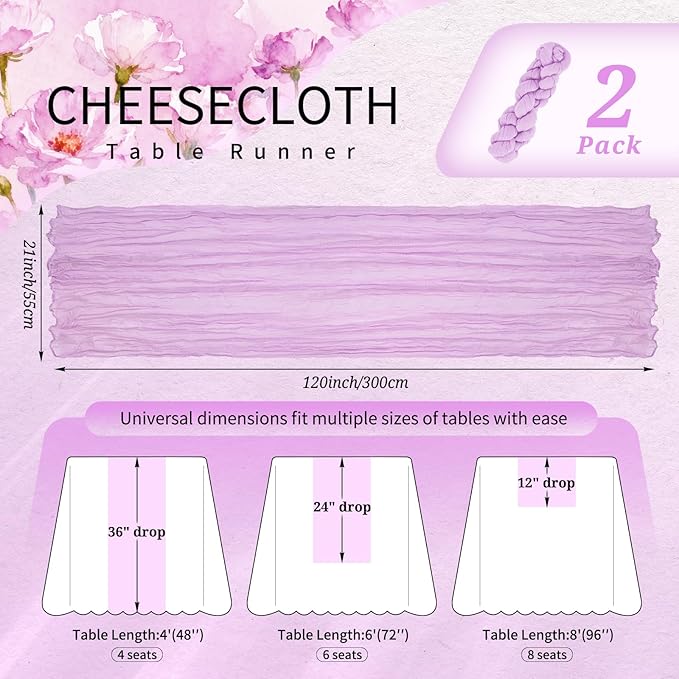 2 Pack Cheesecloth Table Runner 10FT Lilac Purple Table Runner Lavender Boho Gauze Cheese Cloth Table Runners Long Rustic Sheer Table Decorations for Wedding Party Baby Bridal Shower Birthday Holiday