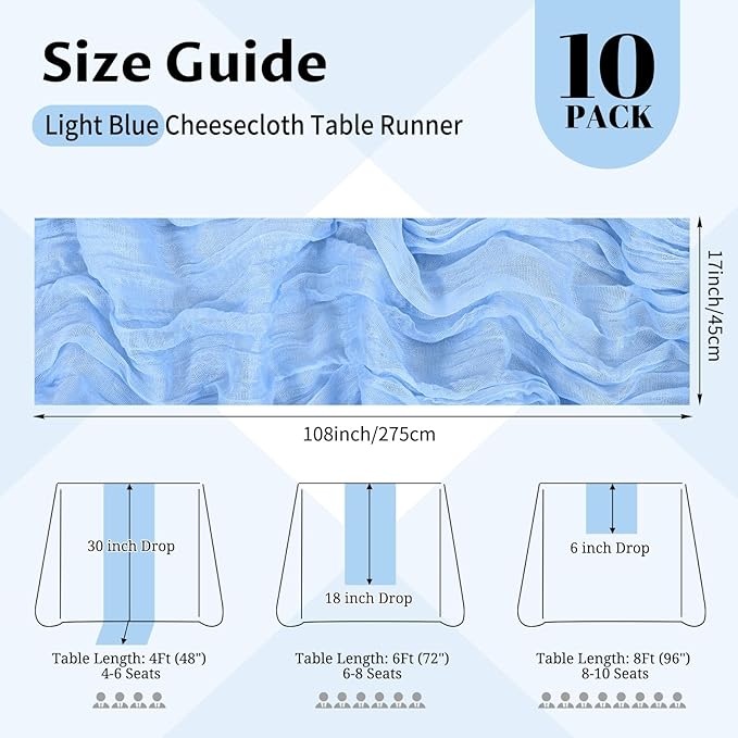 10 Pack Light Blue Cheesecloth Table Runner 17x108 Inch Semi Sheer Boho Gauze Cheese Cloth Table Runners, for Wedding Bridal Shower Birthday Party Home Decor Garden Farmhouse