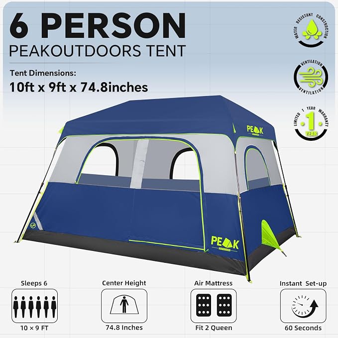 PEAK OUTDOORS Instant Tent 6/8 Person Tents for Camping, 60 Second Easy Setup Portable Camping Cabin Tent with Rainfly, Waterproof Pop Up Tents for Family Camping & Hiking with Expandable Carry Bag