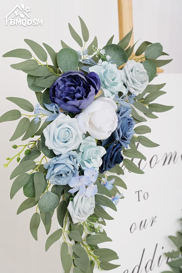 Wedding Welcome Signs Floral(Pack of 2)，Wedding Arch Flowers for Wedding Decorations and Reception Backdrop Decoration（New Blue）