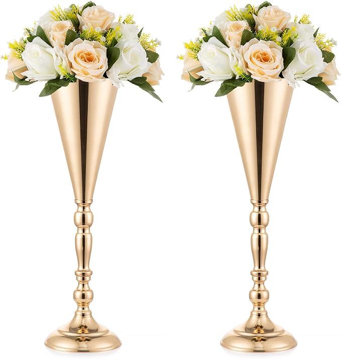 Gold Vase Centerpiece Table Decorations - 2 Pcs Metal Tabletop Flower Stand, Wedding Decorations for Reception, 16.5in Trumpet Tall Flower Vase for Birthday, Weddings, Anniversary Ceremony, Home Decor