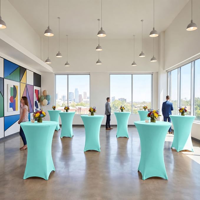 Cocktail Table Covers-Spandex Round High Top Table Cloths 6 Pack 32x43 Inch-Aqua Blue Stretch Fitted Bar Tall Tablecloth for Pub Bistro Highboy Party Banquet Height Folding Satnding Tables