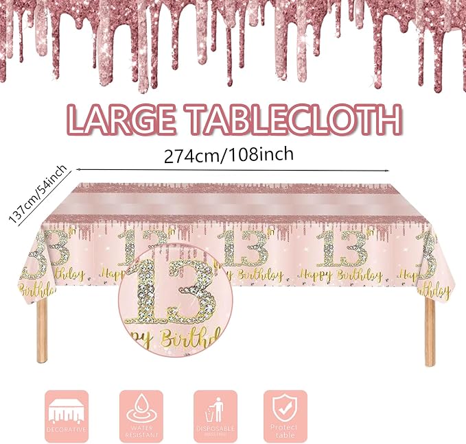 121Pcs 13th Birthday Party Supplies Plates Napkins Cups Forks Tablecloth Rose Gold Happy 13th Birthday Themed Disposable Tableware Decorations Serves 24 Guests for Girls Her 13 Years