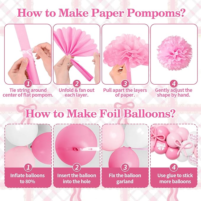 Pink Bow Birthday Decorations, Coquette Party Supplies with Balloons, Fringe Curtain, Birthday Sash, Pink Hair Bow, Tablecloth, Banner, Paper Pompoms, Cake Topper for Women Girls Bday Party Decor