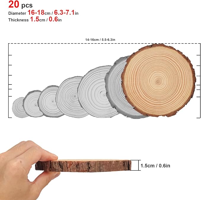 20 PCS Unfinished Wood Slices for Centerpieces, 6.3-7 Inch Natural Wood Slices with Tree Bark Pine and Wood Rounds Discs for DIY Crafts, Centerpieces, Art & Decor