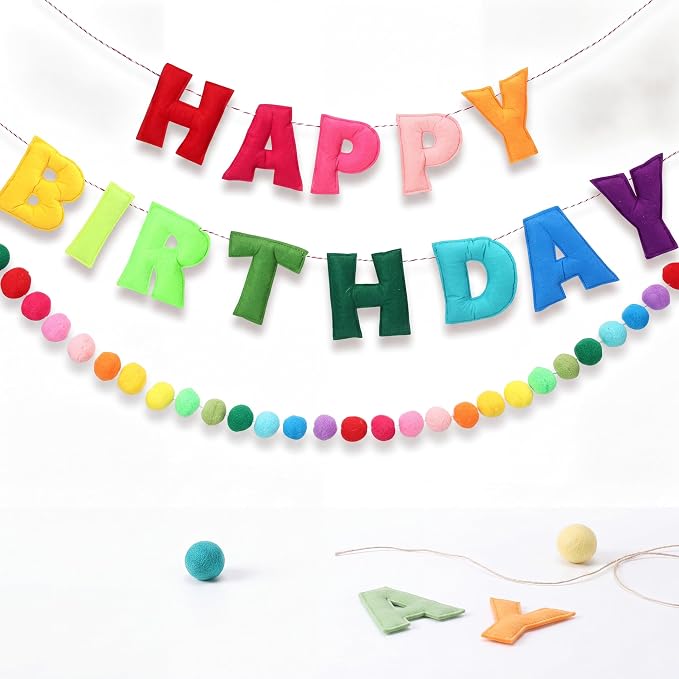 Mindsoft 2 Pcs 9.83ft Pre Strung 3D Happy Birthday Felt Fabric Banner with Ball Garland Reusable Pom Pom Garland for Birthday Party Decorations Sign Photo Prop Boys Girls(Rainbow Color)