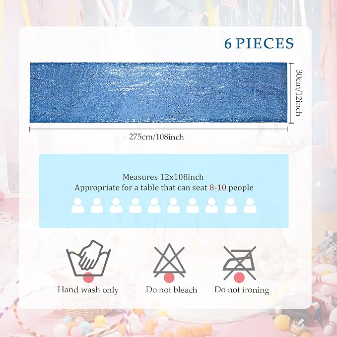 54 Pieces of Blue Sequin Chair Ribbons and Table Runners, 48 Sequin Chair Bows, 6 Glitter Table Runners, Suitable for Wedding Parties Birthday Meeting Events Decorations (Blue)
