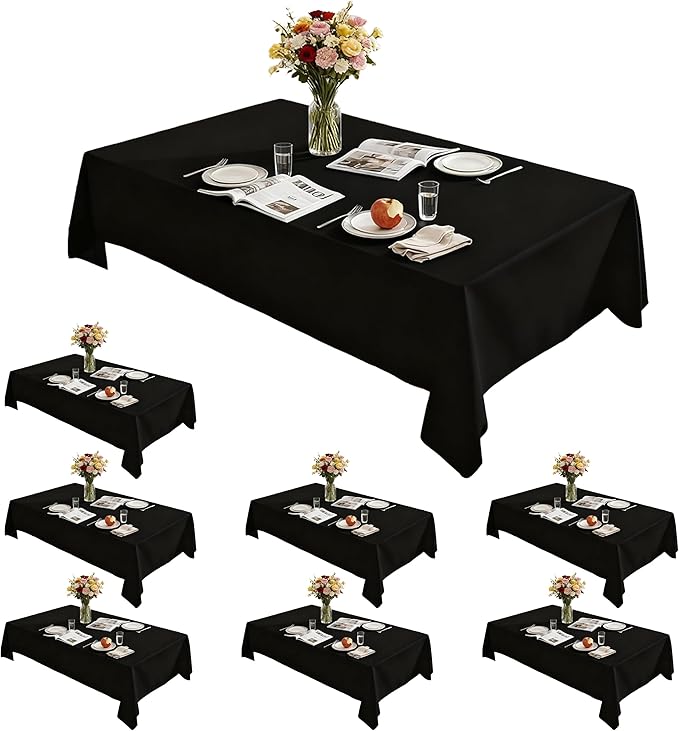 Rectangle Tablecloth 60" x 84", Black Washable Polyester Table Cloth, Wipeable Table Cover for Dining, Wedding, Birthday, Party, Banquet Decor, 8 Pack