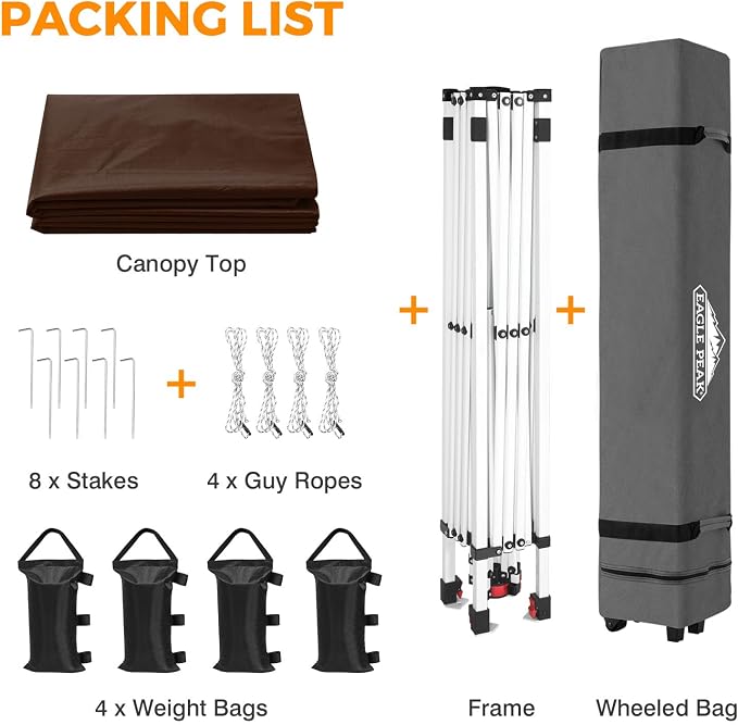 EAGLE PEAK Pop Up Canopy Tent with Wheeled Carry Bag, 8 Stakes, 4 Ropes, 4 Weight Bags, Easy Set Up Tent Canopy, 10x10 ft, 100sqft of Shade, Brown