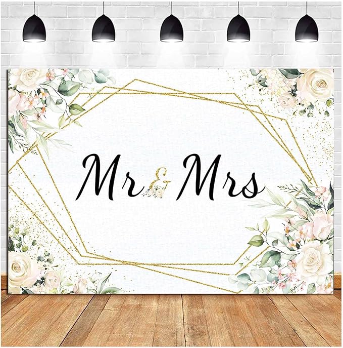 10x8FT Mr & Mrs White Floral Bridal Shower Backdrop Mr Mrs Wedding Theme Photo Backgrounds Wedding Bride to Be Engagement Photography Backdrops Prom Party Banner Decor Party Banner Photo Booth Prop
