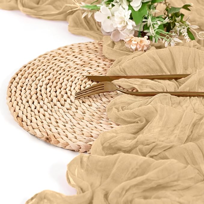 24 Pack Beige Cheesecloth Table Runner 10FT Boho Gauze Cheese Cloth Table Runner Rustic Sheer Fabric Table Runners for Wedding Bridal Shower Baby Shower Party(21.5×120 Inch)