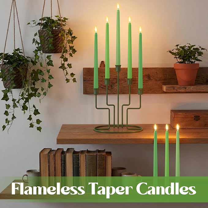 Macarrie 24 Packs Flameless Taper Candles Battery Operated Fake 11 Inch Long Candlelight LED Flameless Candlesticks Flickering Tapered for Summer Fall Wedding(Spring Green)