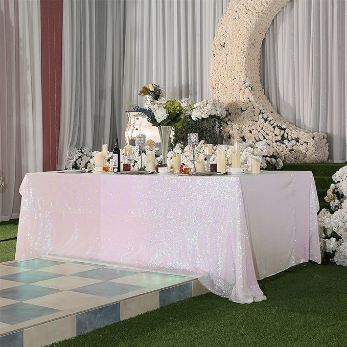 Eternal Beauty White Iridescent Tablecloth, 90x132 Inch Sequin Rectangle Table Cover for Cake Dessert Exhibition Party Birthday Events