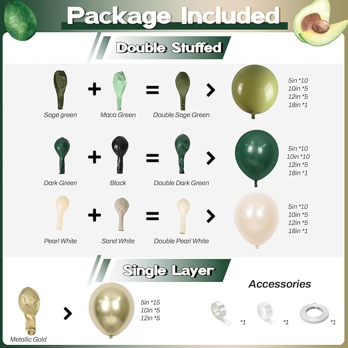 Double Stuffed Emerald Green Gold Balloon Arch Kit, Dark Dusty Green Pearl White Sand Balloon Garland Kit Metallic Gold Balloons for Baby Shower Bridal Shower Wedding Forest Birthday Party Decoration