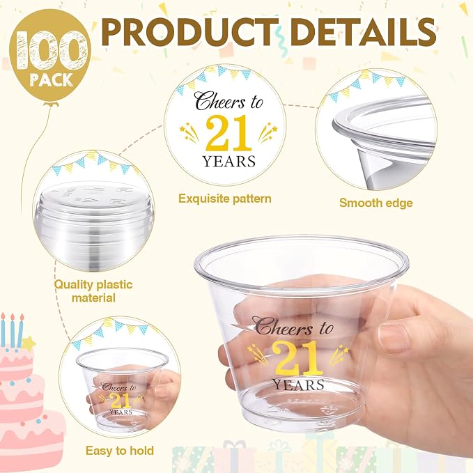 LemonRoad 100 Pack 21st Birthday Cup 9 oz Cheers to 21 Years Birthday Disposable Clear Plastic Cocktail Cups Hot Cold Beverage Drinks for Men Women Wedding Anniversary Decorations Party Favors