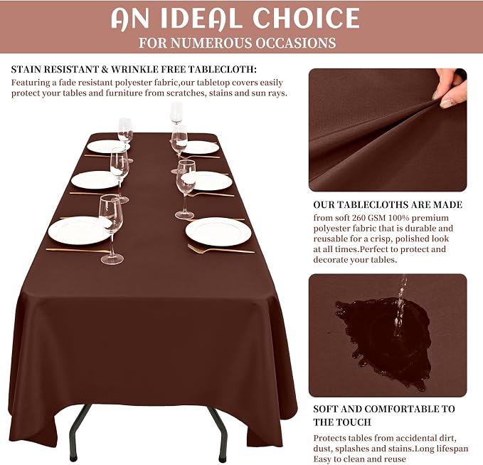 Showgeous 12 Pack Table Cloth Brown Tablecloth 60 x 102 Inch Table Clothes for 6 Foot Rectangle Tables, Wrinkle Resistant Washable Polyester Table Cover for Wedding Parties Banquet