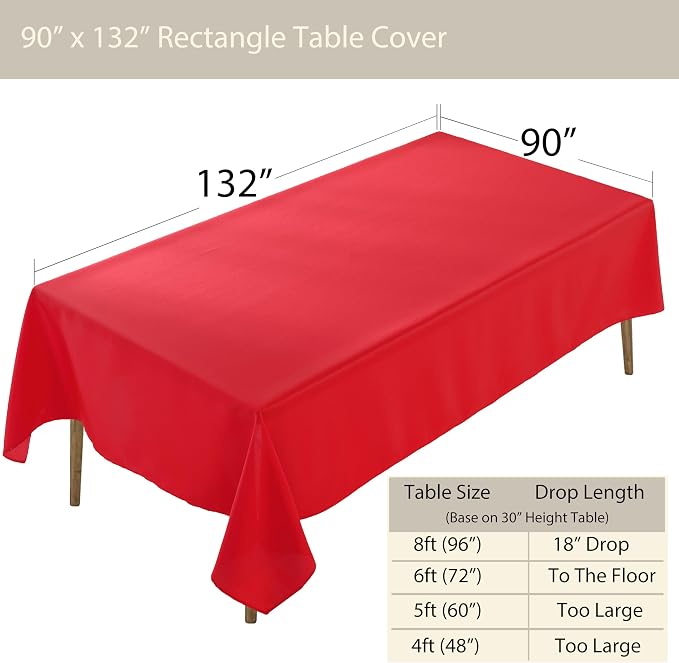 5 Pack Rectangle Tablecloth, 90 x 132 Inch Red Table Cloth, Polyester Fabric Washable Tablecloth for Home, Party, Wedding or Restaurant Use