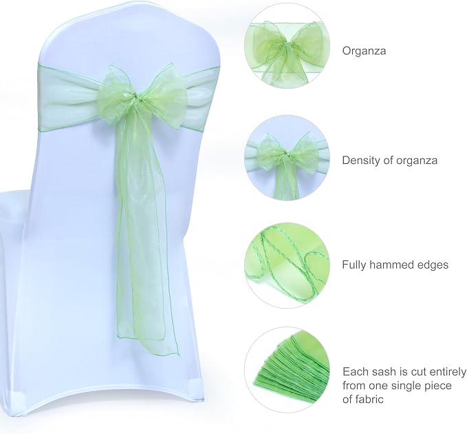 MDS® Pack of 50 Organza Chair Sashes for Wedding Decoration, Reusable Sheer Chair Bows for Banquet Chair Cover, Reception, Bridal Shower, Baby Shower, Birthday Party & Special Events - Apple Green