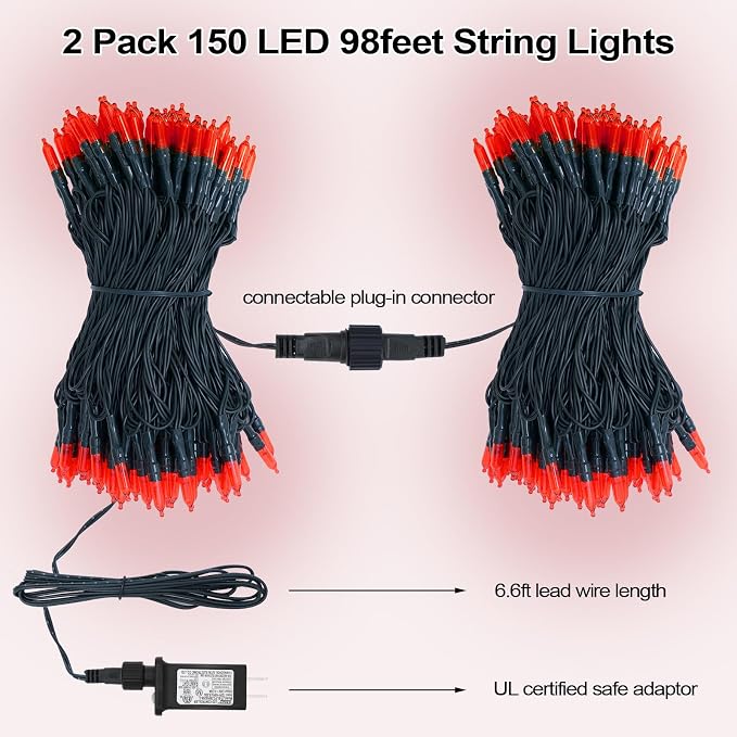 Red Holiday String Lights, 98ft 2 Pack 150 Count Plug-in Fairy Lights Indoor Outdoor for Halloween Christmas Valentine Wedding Decor (Red, 150 Count - 2 Pack)