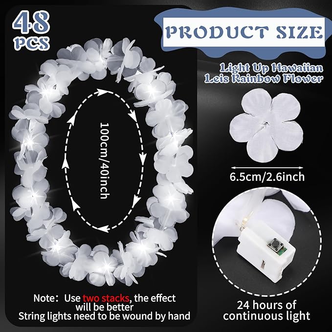 Sherr 48 Pcs LED Hawaiian Leis Light up Flower Leis Necklace with LED Lights Luau Flowers Necklaces for Masquerade Beach Wedding Tropical Themed Party Supplies(White)