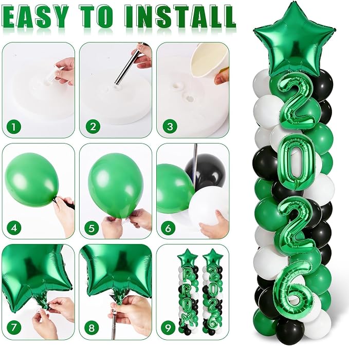 2 Set Green White Black Balloons Column Stand Kit Adjustable Tower Stand from 1.4 to 6.6 ft with Bases for Back to School Wedding Birthday Baby Shower Party
