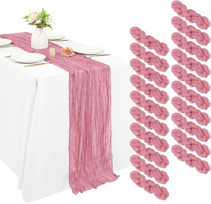 20 Pack Cheesecloth Table Runner 17 x 108 inch Long Boho Gauze Table Runners Semi Sheer Table Runner for Wedding Decor, Baby Shower, Birthday Party, Banquet (Dusty Rose)