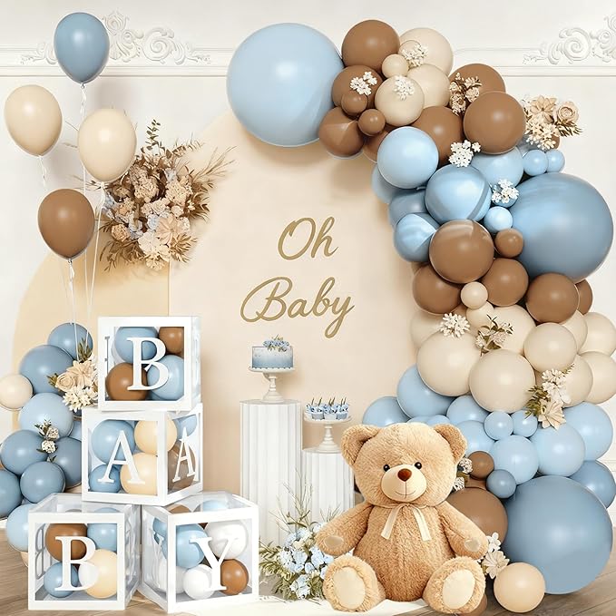 144Pcs Teddy Bear Baby Shower Decorations for Boy - We Can Bearly Wait Party Supplies - Blue Brown Balloon Garland Arch Kit with 4 Baby Boxes for Gender Reveal Backdrop, 1st Birthday