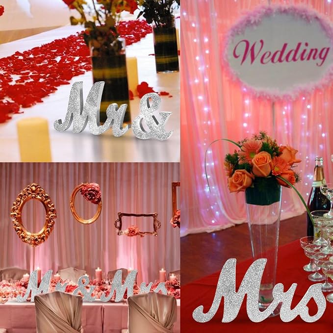 Vintage Style Silver Glitter Mr and Mrs Signs for Wedding Sweetheart Table, Wooden Freestanding Letters, Photo Props, Rustic Decoration, Anniversary Shower