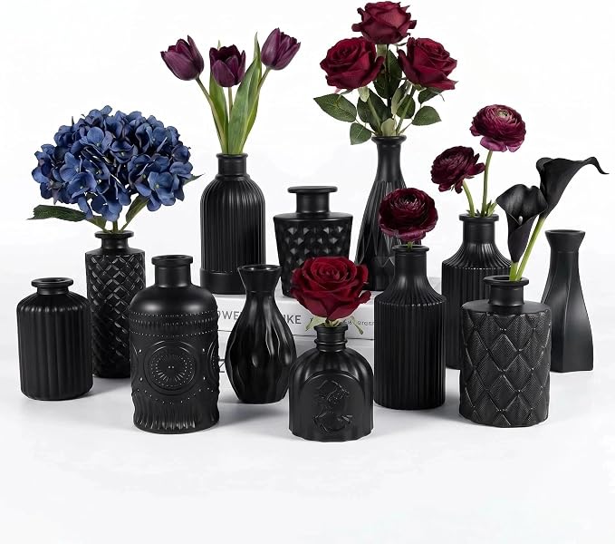 Mini Bud Vases Centerpieces for Tables,Clear Bud Vases for Flowers,Small Flower Vases Suitable for Birthday Party,Anniversary,Wedding Reception,Baby Shower (MattBlack, 12PCS)