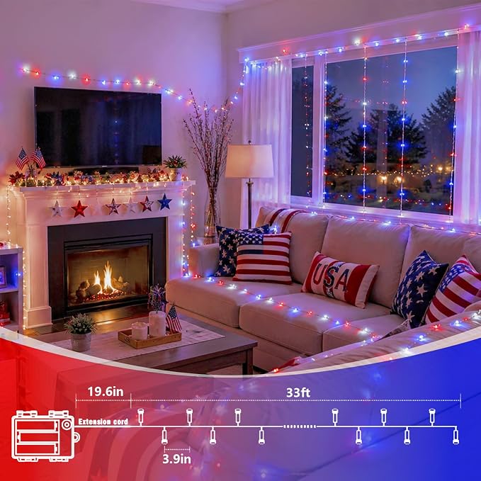 QITONG 2 Pack Red White and Blue Battery Operated Lights, Each 33ft 100 LED 4th of July String Lights Outdoor, Clear Wire Twinkle Light with Remote for Patriotic Independence Memorial Day Decor