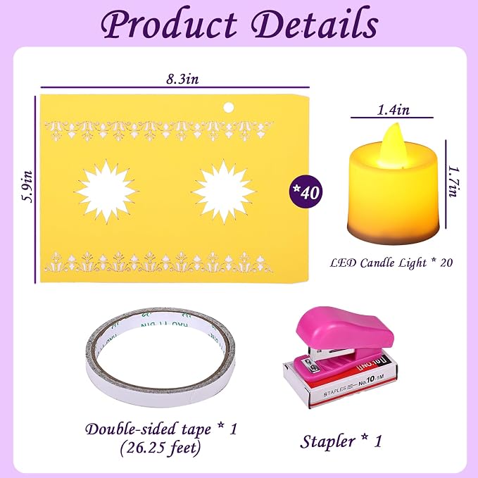 20 Set Paper Lanterns with LED Candles for Table Centerpieces, Sun Shaped Thickened Paper Cutout Lantern for Princess Girls Birthday Party Wedding Festival Decorations (Yellow)