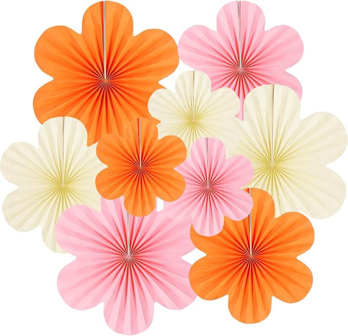 DODOKIM Paper Fans Party Decorations Paper Flowers Decorations for Wall Floral Backdrop Classroom Baby Shower Birthday Party Flower Wall Decor Pack of 9 Pink Orange Ivory
