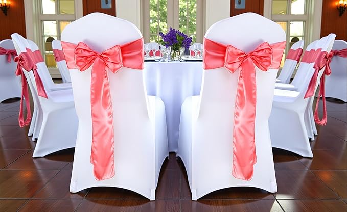 MDS Satin Chair Sashes, 200 Pack, 7”x108” Each, Decorative Chair Bows Ribbon Tie Backs for Wedding Party, Holiday Dinner, Birthday, Reception, Banquet, Hotel & Event Decoration - Coral
