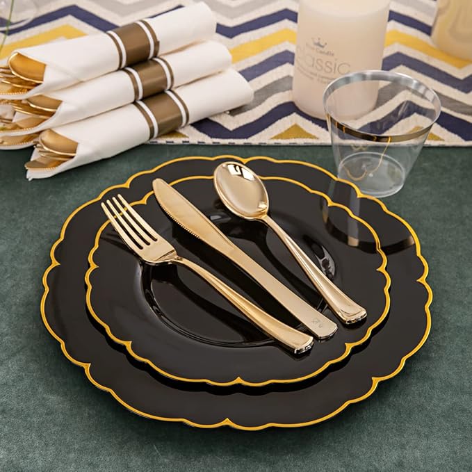 Morejoy 175PCS Black and Gold Plastic Plates, Black Plastic Dinnerware Set for 25 Guests,Include 25 Dinner Plates, 25 Dessert Plates, 25 Cups, 25 Pre Rolled Napkins with Gold Silverware for Party