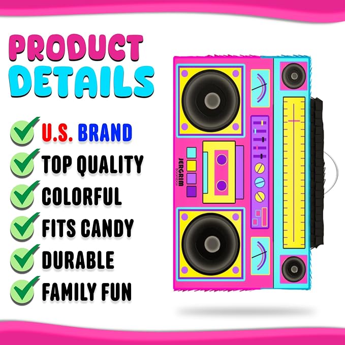 Jergrim Boombox Piñata 4-Piece Set perfect for Retro Birthday Party, Decorations, 80s Parties, Hip Hop 90s, 1980’s Radio Piñata for kids and adults (17”X10”) Durable!