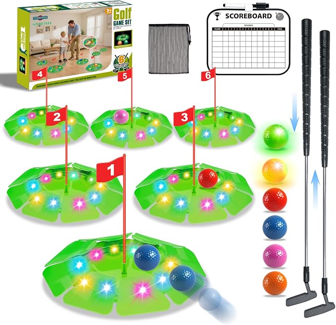 TERRAMUS Light Up Golf Play Set - Upgraded Kids Toy Golf Putting Game Set with 6 LED Targets, 2 Clubs, 6 Balls (2 Glow), Night Golf Toys Gifts for Kids Golfers Family Indoor Outdoor Beach Lawn Park