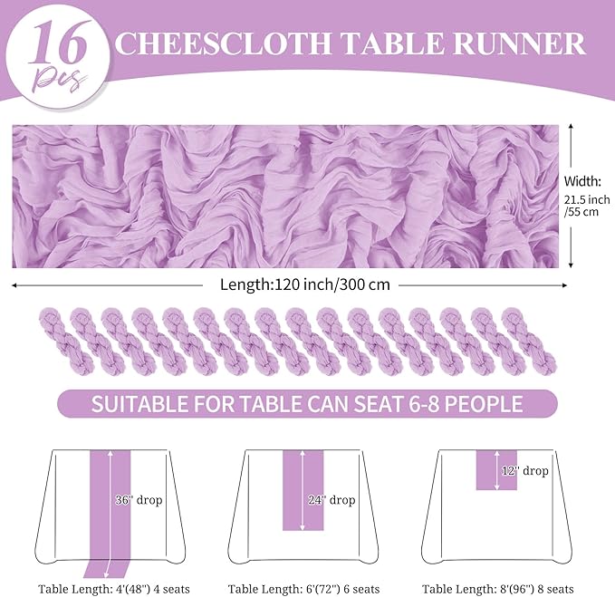 16 Pack 10Ft Cheesecloth Table Runner Lavender, 20 x 120 Inch Rustic Gauze Boho Cheese Cloth Table Runners Wedding Long Table Runner for Wedding Party Bridal Shower Table Decoration