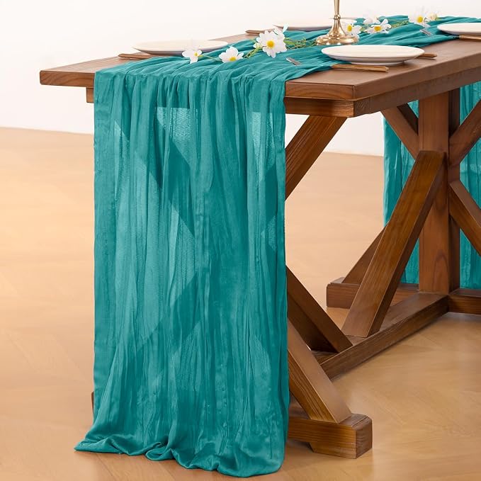 Socomi Teal Blue Cheesecloth Table Runner Summer Boho Rustic Gauze 120 inch 10FT Cheese Cloth Sheer Runner for Wedding Party Baby Shower Birthday Home Decor
