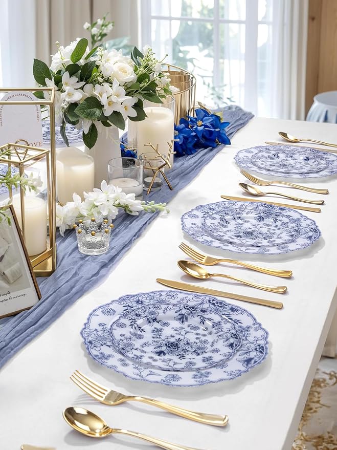 WDF 20PCS Blue and White Plates - Chinoiserie Blue Floral Plates - Baroque Floral Party Decor for Wedding Bridal/Birthdays/Tea Party