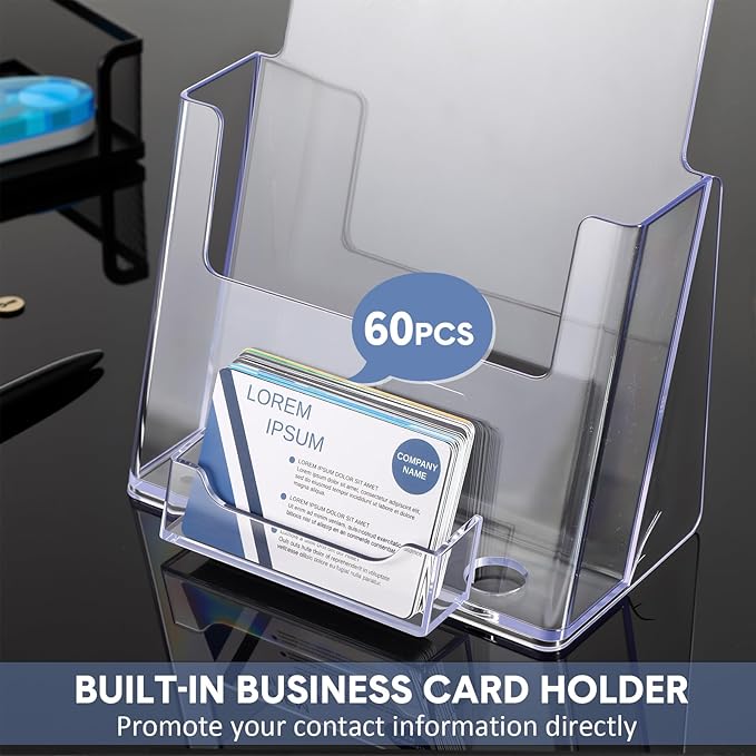 8 Pack 6x9 Acrylic Brochure Holder with Business Card Organizer, Clear Brochure Display Stand, Plastic Flyer Display Stand Holder for Business Card, Pamphlet, Booklets, Magazine, Journals