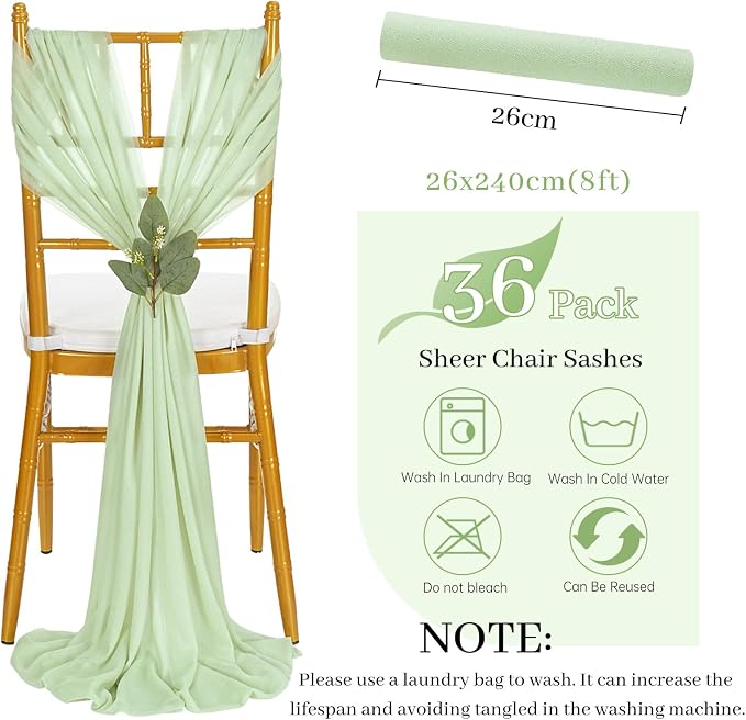 QueenDream Sheer Fabric Wedding Chair Sashes: 36PCS Tulle Church Chair Cover Long Chairs Bows Aisle Drapes Party Decorations Sage Green