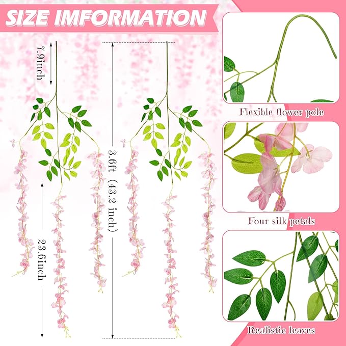 Yunsailing 108 Pack 43.2 in/ 3.6 ft Artificial Fake Wisteria Hanging Flowers Wisteria Faux Flowers Garland Silk Vine Rattan Long Hanging Flowers String for Home Outdoor Wedding Party(Petal Pink)