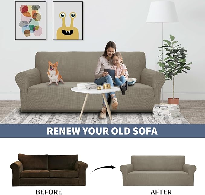 JIVINER High Stretch Couch Covers for 3 Cushion Couch 1-Piece Jacquard Elastic Sofa Slipcovers Anti Slip Sofa Cover with Elastic Bottom Furniture Protector for Kids Pets (Sofa, Khaki)