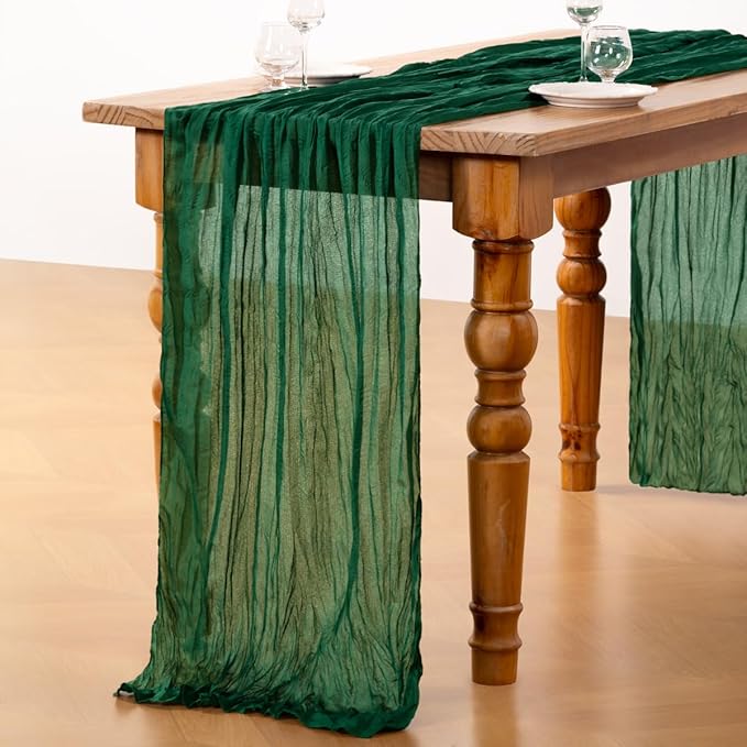 DeZerlor Emerald Green Cheesecloth Table Runner Spring Easter Table Runner Boho Gauze 120 Inches Cheese Cloth Table Decor for Wedding Bridal Baby Shower Parties
