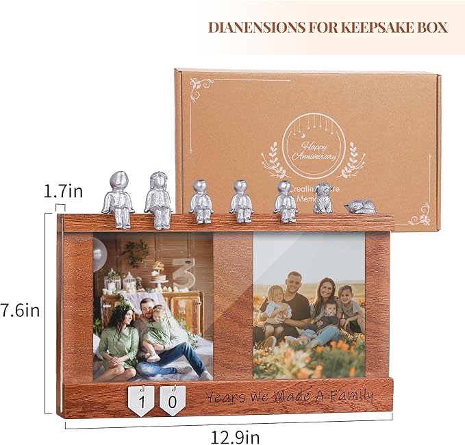Anniversary Keepsake Box with Family Statue- Wooden Picture Frame for Cherished Keepsakes Storage，Anniversary or Wedding Gifts for Her/He (Walnut)
