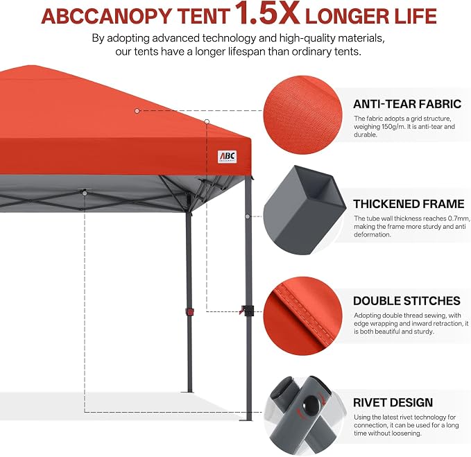 ABCCANOPY 10x10 Pop Up Canopy Tent, Easy Setup Instant Shelter with Wheeled Bag, Heavy Duty Outdoor Canopy for Beach, Market, Backyard, Outdoor Weather Protection (Reddish Orange, 10x10)
