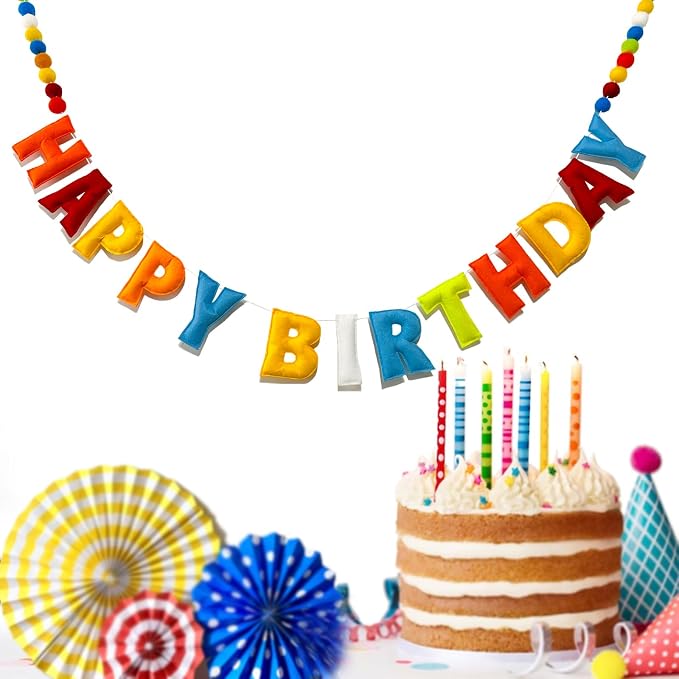 Pre-Strung Happy Birthday Banner - Felt Ball Garland, Rainbow Party Decorations, HAPPY BIRTHDAY Garland, Personalized Birthday Sign for Birthday Decor, Party Decor, Photo Prop (Rainbow-Colored Happy Birthday Banner)