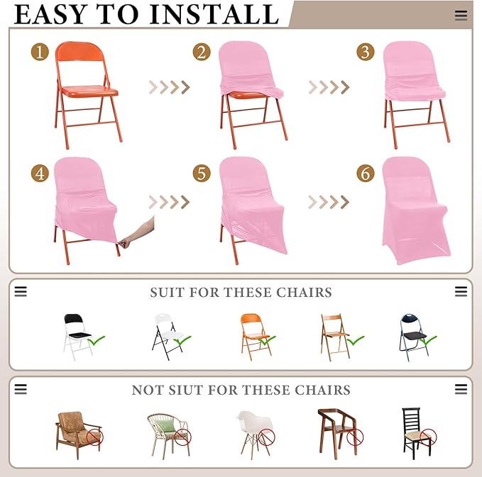 Newwiee 50 Pcs Spandex Chair Covers Bulk - Stretch Folding Flat Front Fitted Universal Chair Protector Pack Removable Washable for Wedding Party Dining Banquet Event (Pink)